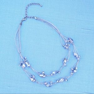 Silver Cord Multi-Strand Necklace With Silver Foil Crystal Beads
